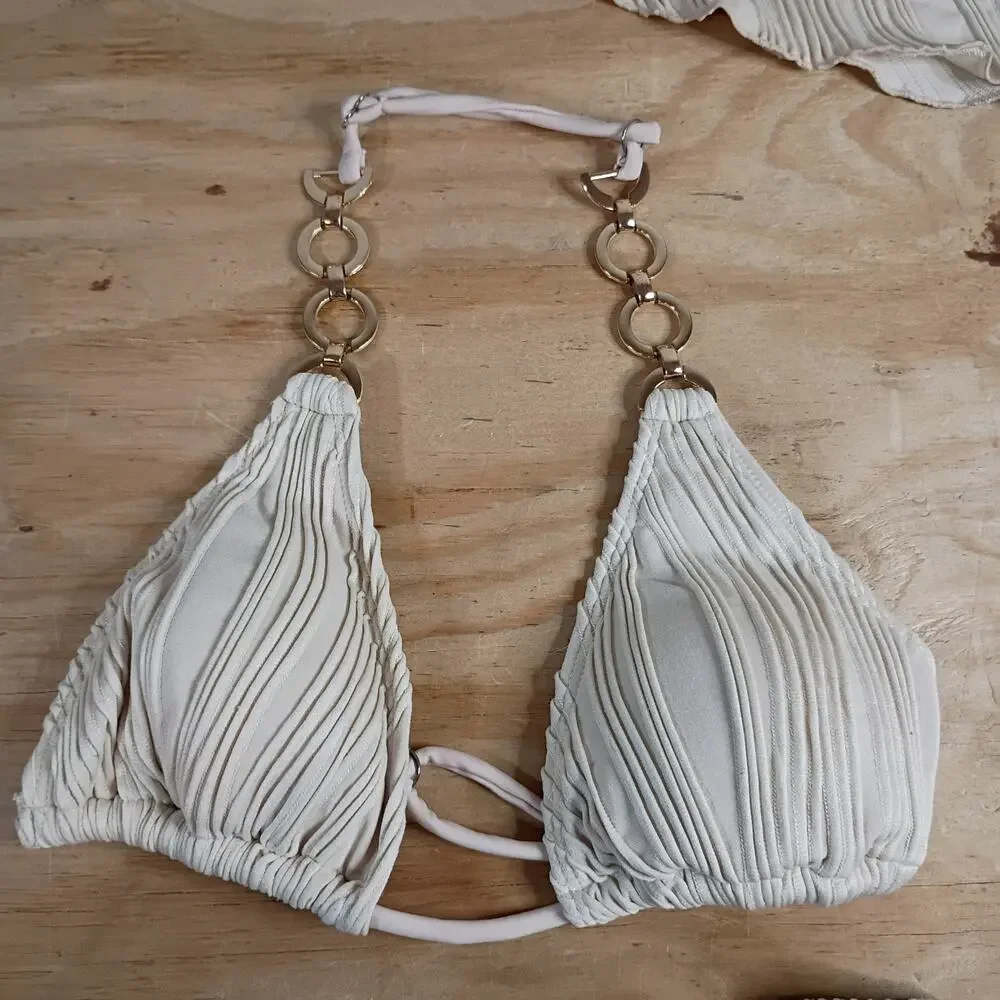 SHEIN Size 14Y Teen 3PC Swimwear Set Cream Textured Bikini & Cover Up Skirt Set